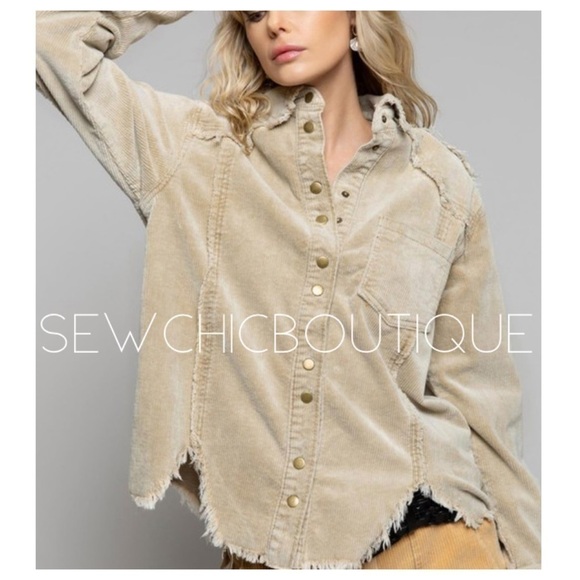 Distressed Corduroy Beige Button Down - Picture 5 of 5